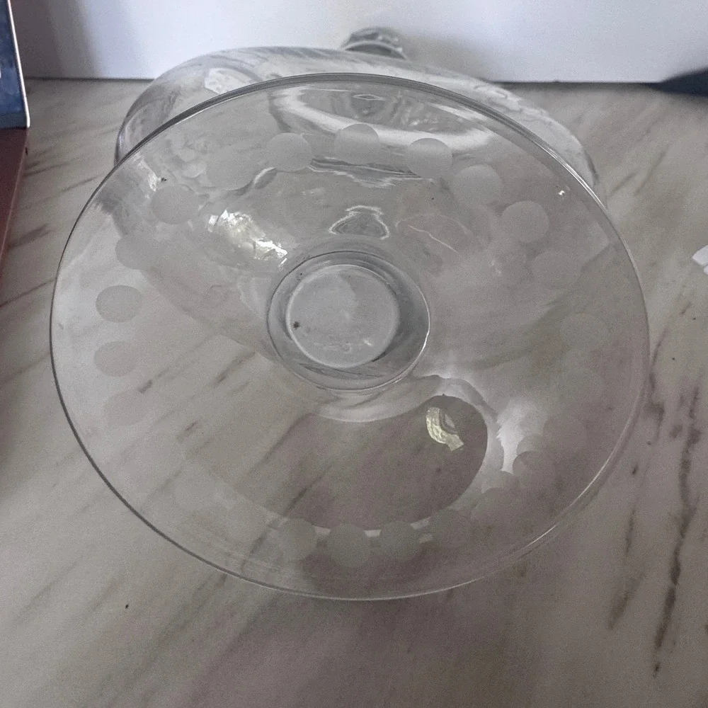 Vintage Etched Glass Donut Decanter Grape Vine Motif Faceted Stopper Clear